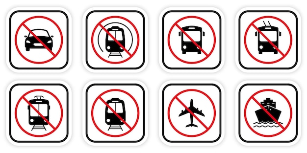 Verboden Trein Trolley Auto Motorfiets Tram Fiets Vliegtuig Bus Schip Zwart Silhouet Icon Set