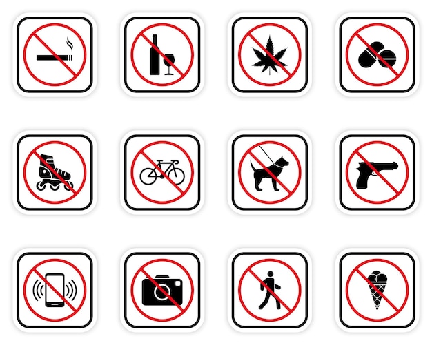 Verboden Voorzichtigheid Pictogram Set Beperkingsgebied Verbod Zwart Silhouet Pictogram Collectie Waarschuwingsbord