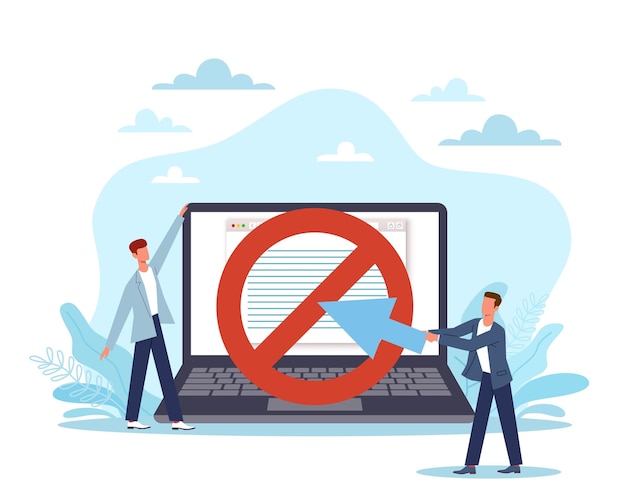 Verboden website Online Waarschuwing laptop met verboden teken op scherm kleine mensen beveiligingssysteem internetbrowser geblokkeerd berichtcontrole illegale inhoud vector cartoon plat concept