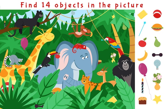 Verborgen object puzzel kid leerspel vind objecten in jungle bos school educatief werkblad speel leuke activiteit met dieren fatsoenlijke vector scene