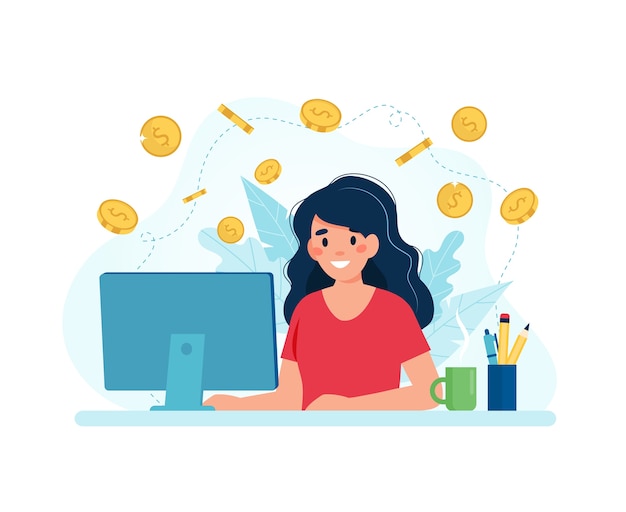 Verdien geld online, vrouw met een computer en munten.