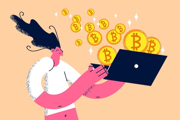 Verdienen en werken met bitcoins concept. Jonge lachende vrouwelijke stripfiguur kijken naar laptop scherm met vliegende hopen bitcoins crypto uit het vectorillustratie