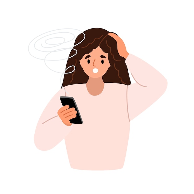 Vector verdrietig angstig meisje met mobiele telefoons dat slecht nieuws op het internet leest negatieve emotie platte vector illustratie geïsoleerd op witte achtergrond