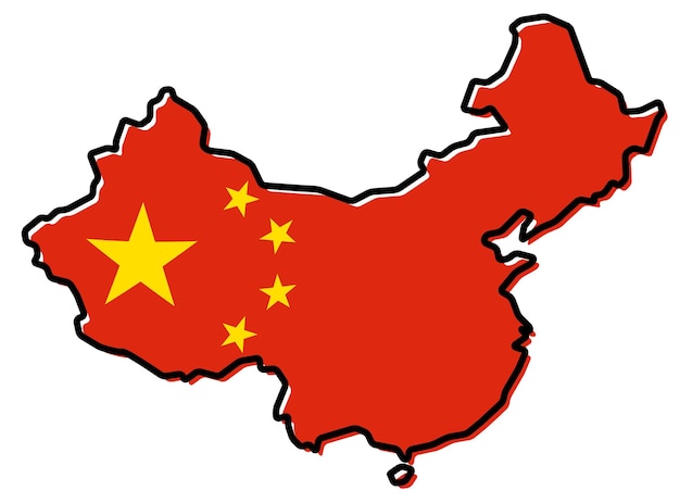 Vereenvoudigde kaart van China omtrek, met licht gebogen vlag (gele sterren op rood veld) eronder.