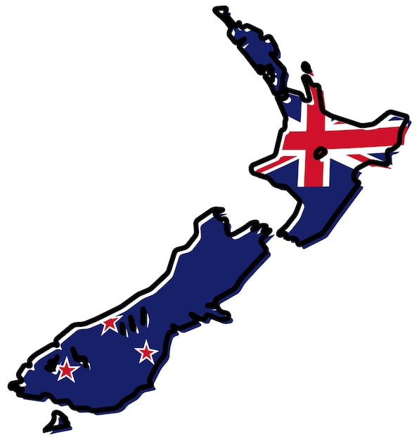Vereenvoudigde kaart van de omtrek van Nieuw-Zeeland, met licht gebogen vlag eronder.