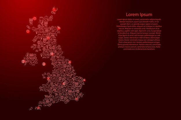 Verenigd Koninkrijk kaart van rode en gloeiende sterren pictogrammen patroon set SEO analyse concept of ontwikkeling, business. Vector illustratie.