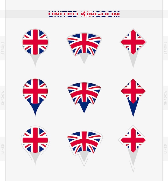 Verenigd Koninkrijk vlag set locatie pin iconen van Verenigd Koninkrijk vlag