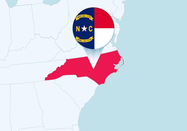 Verenigde Staten met geselecteerde kaart van North Carolina en vlagpictogram van North Carolina