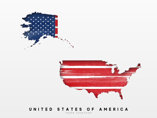 Verenigde Staten van Amerika gedetailleerde kaart met vlag van land. Geschilderd in aquarelverfkleuren in de nationale vlag.