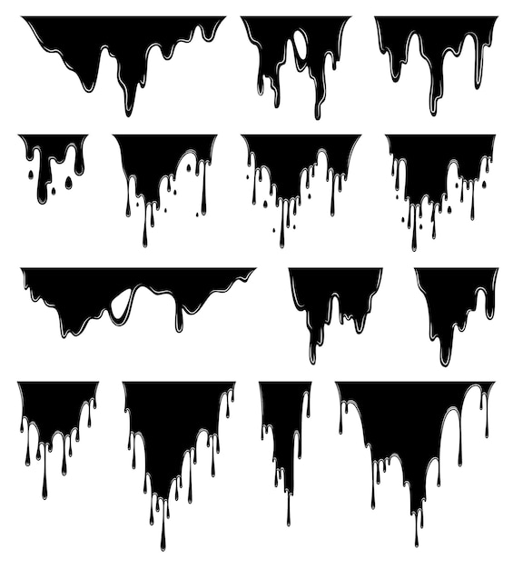 Verf druipende vloeistof. Vloeiende olievlek. Set zwarte druppels