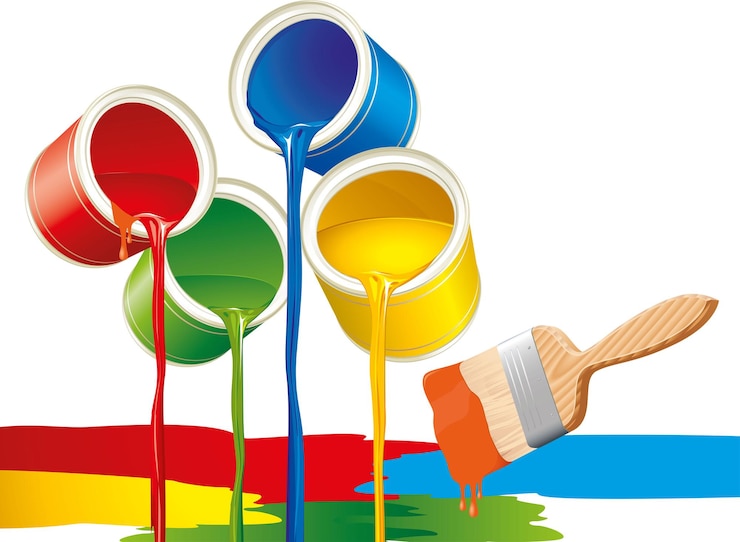 Vector verf kleur emmer illustratie met rode groene gele blauwe kleur amp penseel