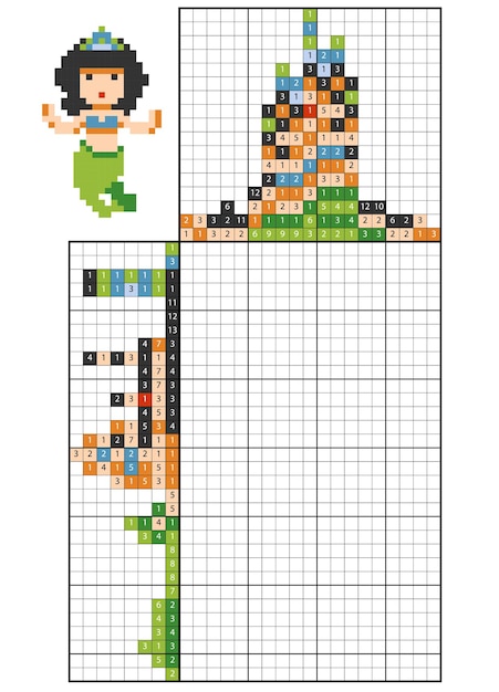 Verf op nummer puzzel (nonogram), educatief spel voor kinderen, Zeemeermin