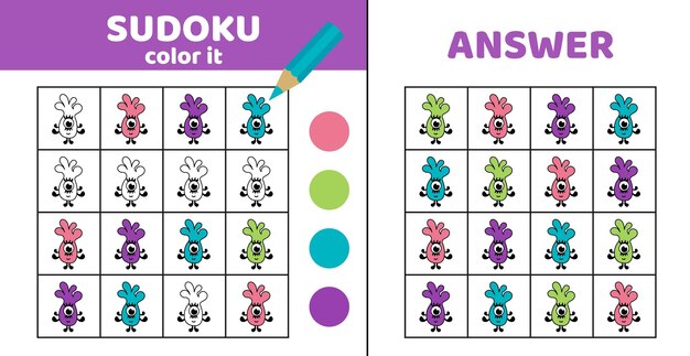 Verf sudoku met schattig ruimte monster Sudoku Alien Game voor kinderen Cartoon vector eps 10