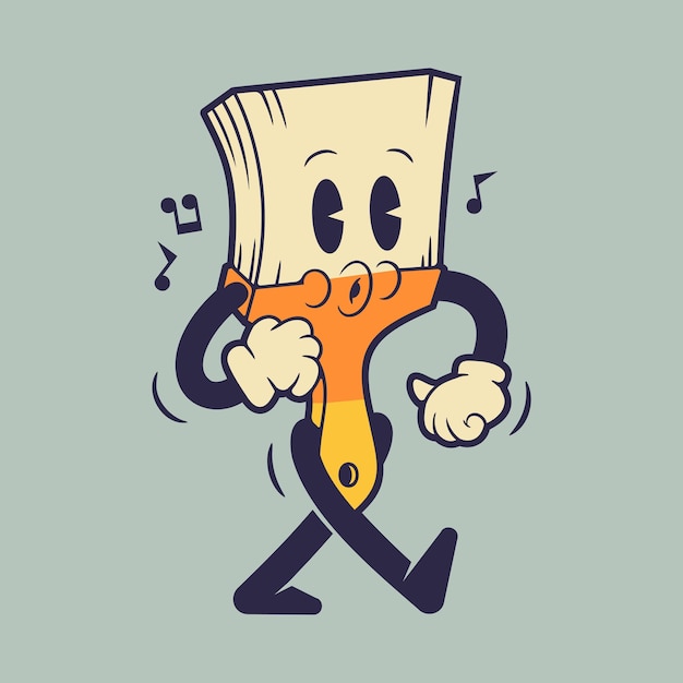 Verfborstel mascotte karakter wandelen en luisteren naar muziek Retro vintage mascotte illustratie