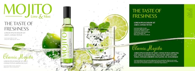 Verfrissende mojito-banneradvertenties met gesneden fruit en ijsblokjes die in het water drijven