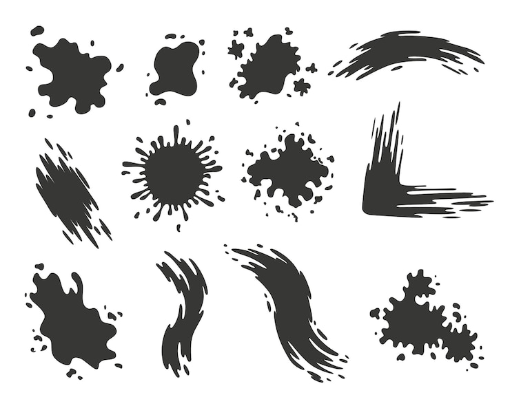 Vector verfvlekken. spatten ingesteld voor gebruik in het ontwerp. kleurrijke grunge vormen collectie. vuile vlekken en silhouetten. zwarte inkt spatten.