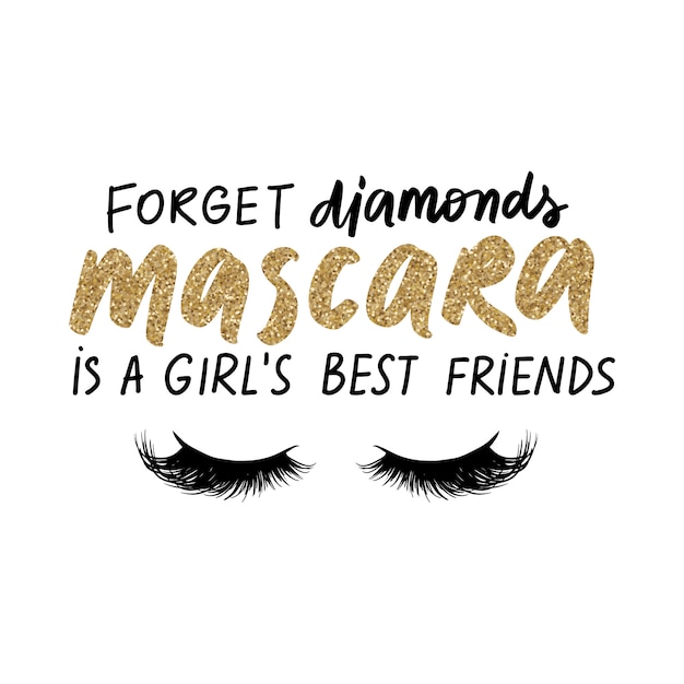 Vergeet diamanten, mascara is de beste vriend van een meisje. glow golden glitter handgeschreven quote over make-up, ogen, wimpers, cosmetica