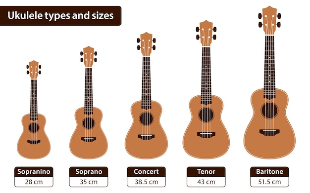 Vergelijking van kinder- en professionele Ukulele-maten in centimeters platte diagram vectorposter