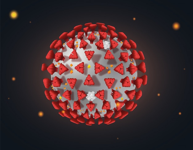 Vergrendeling vanwege Pandemic Coronavirus-uitbraak covid-19 microbiologie-banner. Rode proteïnenmolecule in donkerblauwe realistische illustratie als achtergrond