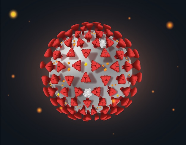 Vergrendeling vanwege pandemic coronavirus-uitbraak covid-19 microbiologie-banner. rode proteïnenmolecule in donkerblauwe realistische illustratie als achtergrond