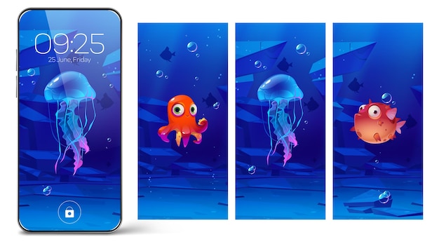 Vergrendelschermen voor smartphones met onderwaterdieren, cartoonpagina's aan boord voor mobiele telefoons. digitale achtergrond voor apparaat met schattige kogelvissen, kwallen en octopus, collectie gebruikersinterfaceontwerp