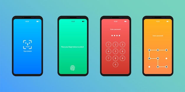 Vergrendelschermmodel. Mobiele telefoon met vergrendelscherm. Gezichtsontgrendeling en vingerafdrukontgrendeling.