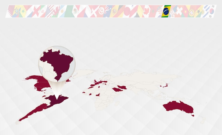 Vector vergroot de kaart van brazilië geselecteerd op de perspectiefwereldkaart infographics over de deelnemers aan voetbaltoernooien