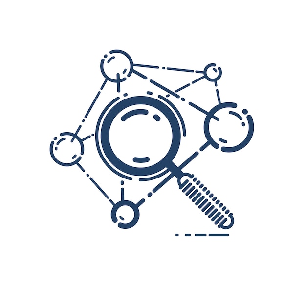 Vergrootglas en molecuul vector eenvoudige lineaire pictogram, wetenschap scheikunde en natuurkunde lijn kunst symbool, onderzoek biotechnologie en biologie.