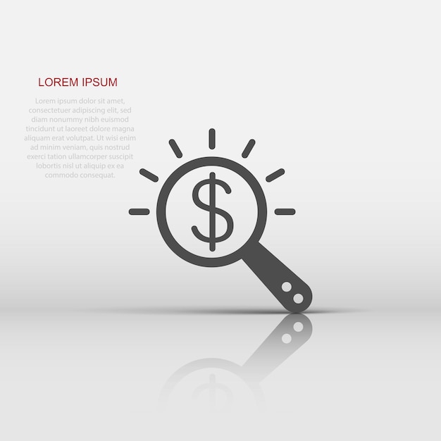 Vergrootglas met geldicoon in platte stijl Dollar zoekvector illustratie op witte geïsoleerde achtergrond Financiële valuta bedrijfsconcept