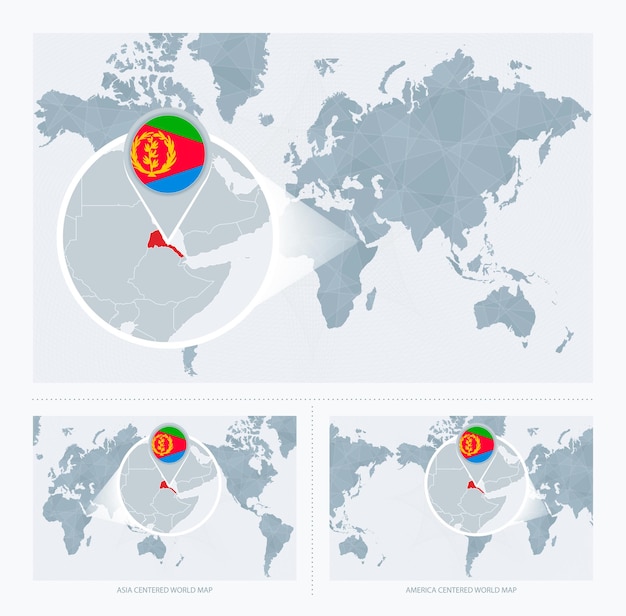 Vergrote Eritrea boven wereldkaart 3 versies van de wereldkaart met vlag en kaart van Eritrea