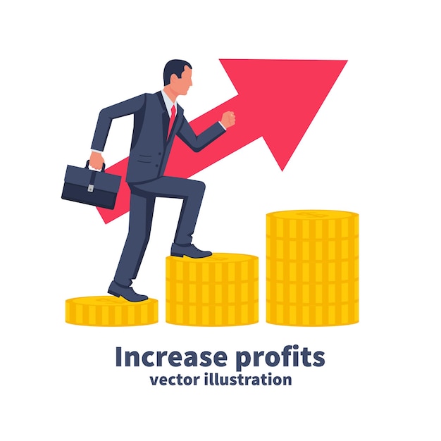 Verhoog het winstconcept. vector illustratie plat ontwerp. geïsoleerd op een witte achtergrond. zakenman loopt in stapels geld. verhoog de inkomsten uit beleggingen.