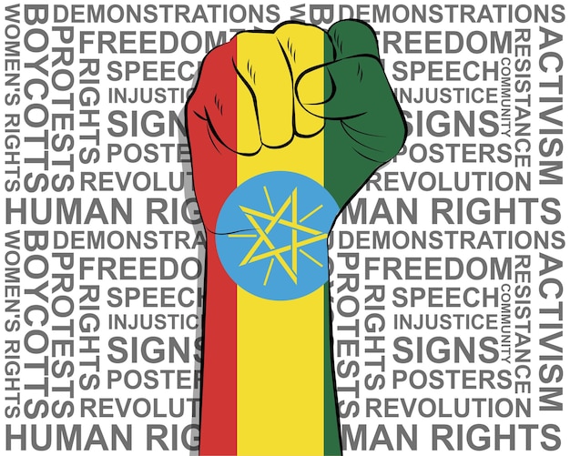 Verhoogde vuist op Ethiopië vlag politiek nieuws banner overwinning of win concept vrijheid symbool