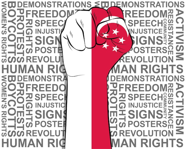 Verhoogde vuist op Singapore vlag politiek nieuws banner overwinning of win concept vrijheid symbool