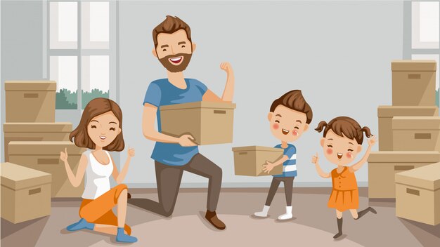 Verhuizen. Familie bewegende verpakkingen en dozen uitpakken.
