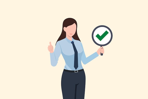 Vector verification and approval of the business choice business woman showing checkmark correct symbol i