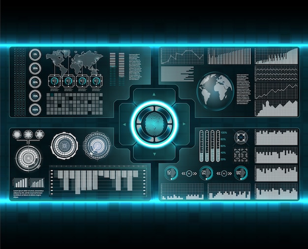 Set di scanner di verifica. scansione delle dita in stile futuristico. id biometrico con interfaccia hud futuristica.