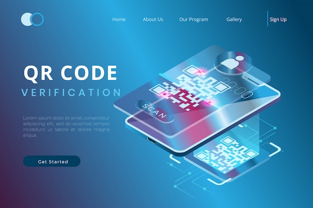 Vector verify the qr code using the app on a smartphone with the concept of isometric landing pages and web headers