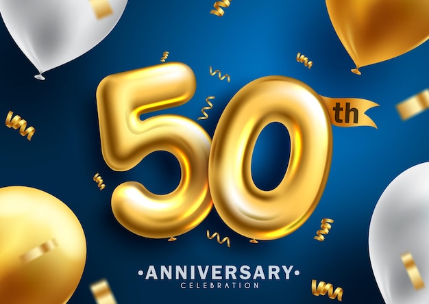 Verjaardag 50e vector achtergrondontwerp. 50 jaar feestfeest evenement met gouden ballonnen