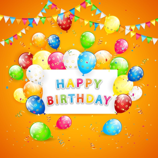 Verjaardag achtergrond de inscriptie Happy Birthday met vliegende kleurrijke ballonnen veelkleurige wimpels en confetti op oranje achtergrond Happy Birthday thema illustratie