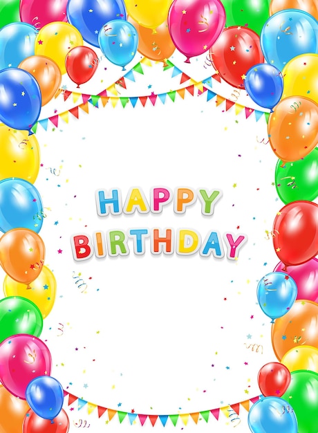 Verjaardag achtergrond de inscriptie Happy Birthday met vliegende kleurrijke ballonnen veelkleurige wimpels klatergoud en confetti illustratie