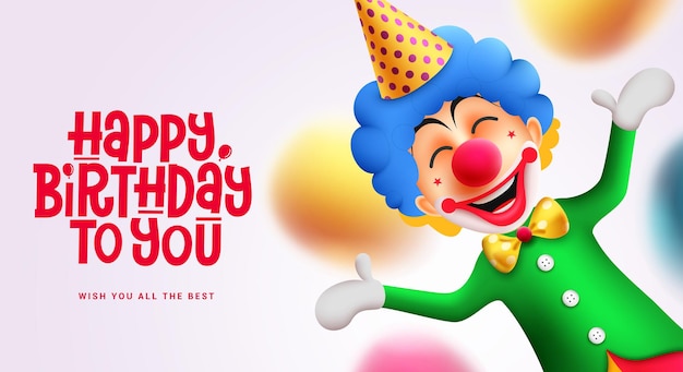 Verjaardag clown karakter vector ontwerp. Gelukkige verjaardagstekst met mascotte van een feestvarken om te begroeten