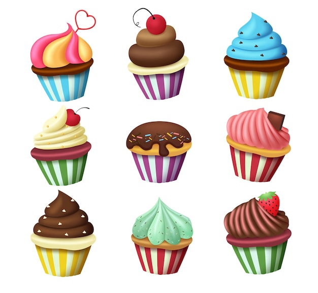 Verjaardag cupcakes vector decorontwerp Cup cakes en muffins verjaardagsdessert met hagelslag