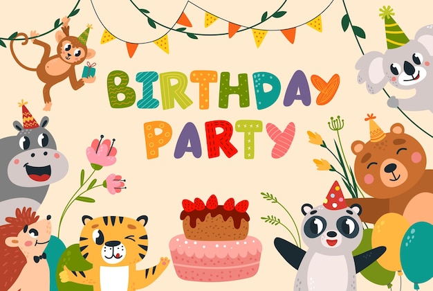 Verjaardag dier uitnodiging Kinderen feest kaart ontwerp met grappige cartoon dieren Panda beer nijlpaard aap koala feestelijke taart chique vector ontwerp