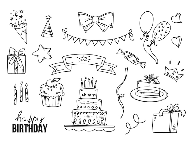 Verjaardag doodle set Hand getekende vector Happy Birthday schetsen