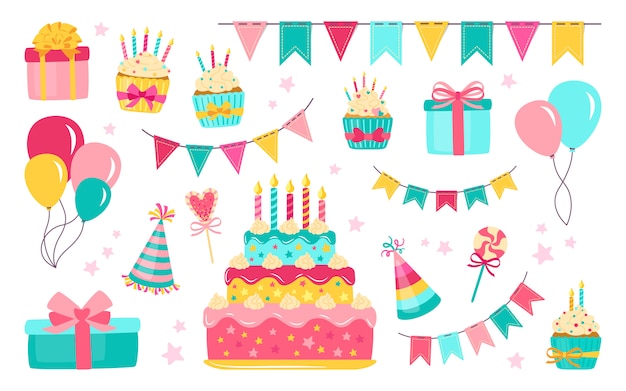 Verjaardag elementen instellen. Het kleurrijke voedsel en het suikergoed van de ballonsviering. Cartoon huidige cake, kaars, geschenkdoos, cupcake. Partij platte ontwerpelementen, ballonnen, snoepjes dessert. Geïsoleerde illustratie