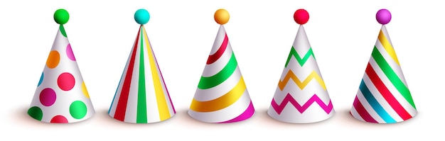 Verjaardag hoed vector decorontwerp. Verjaardagshoeden kleurrijke collectie met stippen en streeppatroon