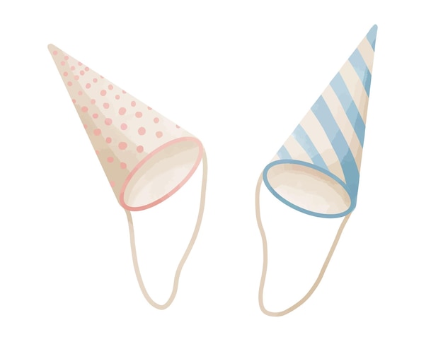 Verjaardag hoeden voor partij aquarel vectorillustratie met conische retro oude dop in blauwe en roze pastelkleuren Hand getekende illustratie