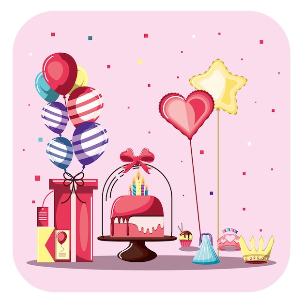 Vector verjaardag illustratie met cake en geschenken