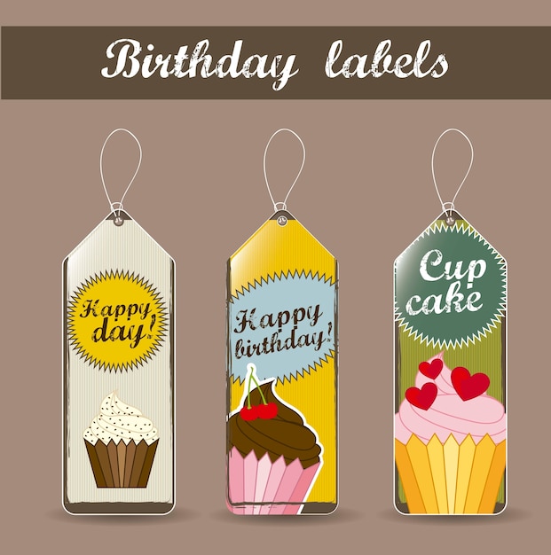 verjaardag labels met cup gebak vintage stijl vectorillustratie