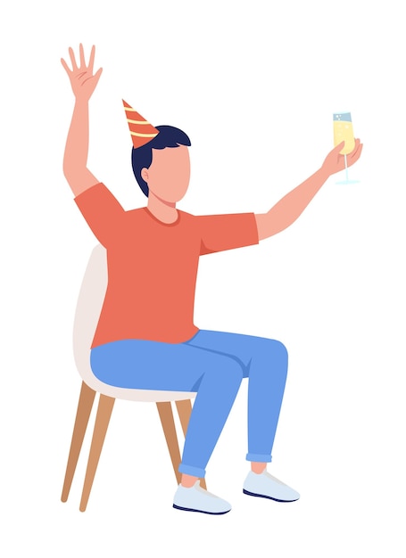 Verjaardag man semi egale kleur vector karakter zittend figuur Full body persoon op wit Feestelijke viering eenvoudige cartoon stijl illustratie voor web grafisch ontwerp en animatie